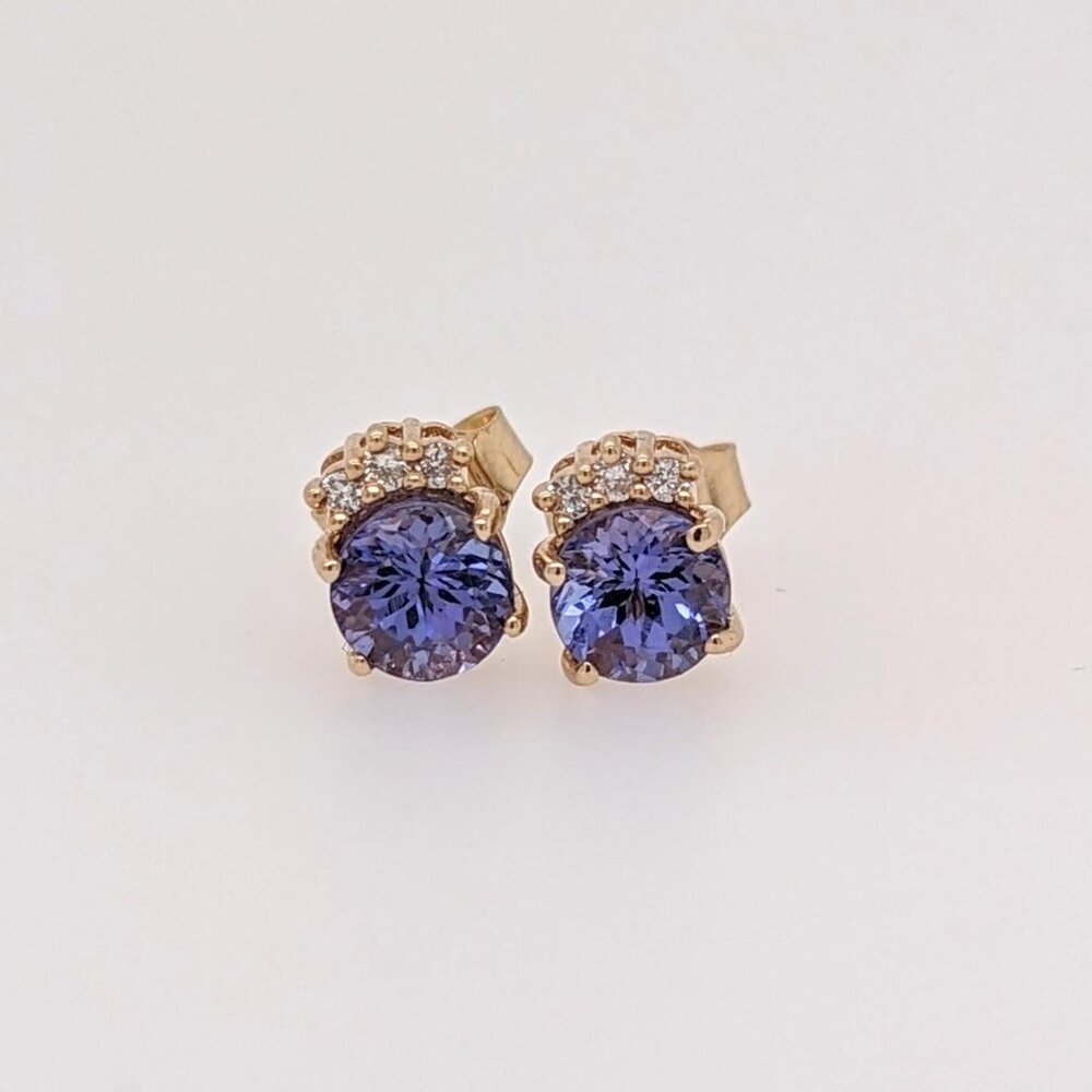 Round Tanzanite Earrings in Solid 14K Gold with Natural Diamond Accents